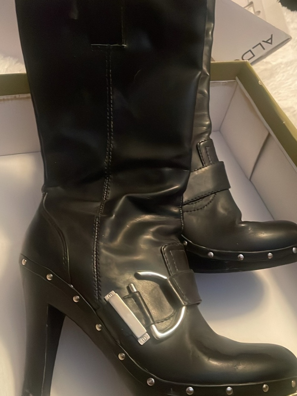 Black Studded High-Heel Mid-Calf Boots with Buckle Accent